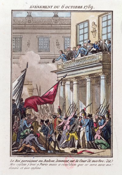 Luis XVI apareciendo en el balcón en Versalles el 6 de octubre de 1789 para decirle a la multitud parisina que irá a París con la condición de que su esposa y su familia viajen con él de Jean Francois Janinet