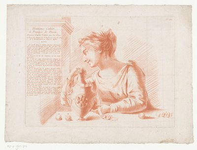 Impresión de título con mujer y jarra. Composiciones con partes del cuerpo humano (título de serie) Huitième Cahier, the Principes de Dessin (título de la serie sobre el objeto) de Jean Francois Janinet
