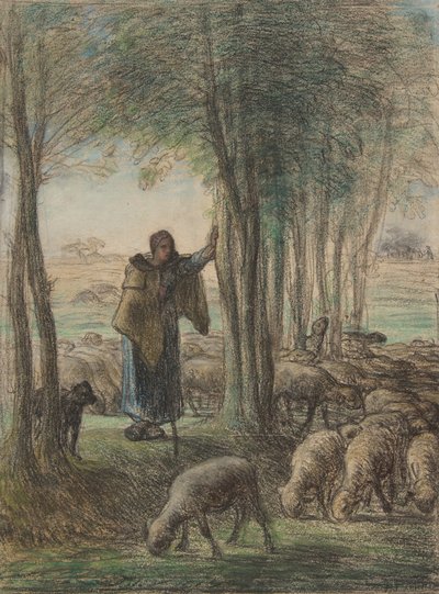 Una pastora y su rebaño a la sombra de los árboles, 1854-55 de Jean Francois Millet