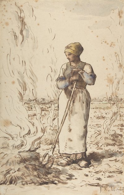 Una mujer quemando maleza, 1830-75 de Jean Francois Millet