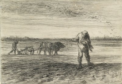 Hombre arando y otro sembrando, 1849-1852 de Jean Francois Millet