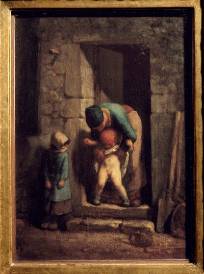 Precaución maternal. Una madre hace que su hijo orine frente a una puerta de Jean Francois Millet