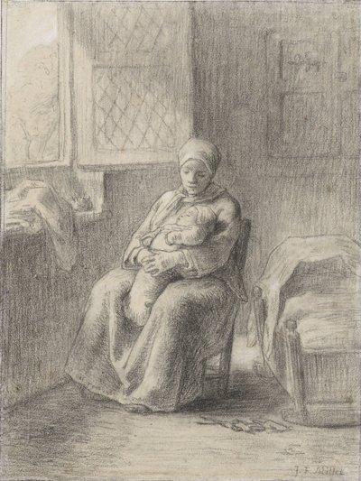 Mujer sentada con un bebé junto a una ventana, c.1824-75 de Jean Francois Millet