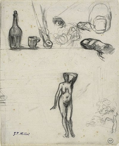 Hoja de Bocetos: Desnudo Femenino de Pie, Árbol, Naturaleza Muerta, Dedos y Ojo de Jean Francois Millet