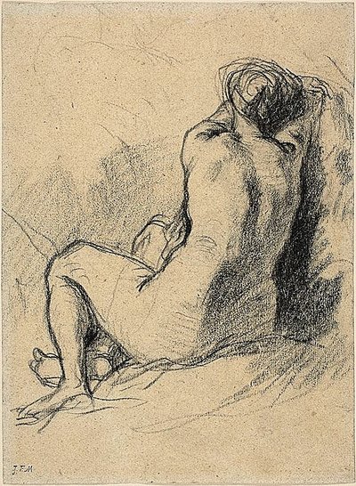 Estudio: Mujer desnuda vista de espaldas (anverso) Bocetos de campesinos trabajando (reverso) de Jean Francois Millet