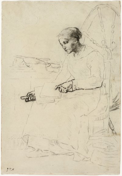 El cardador de lana (recto); Boceto fragmentario de hombre de pie junto a una cerca (verso) de Jean Francois Millet