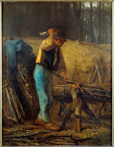 El leñador Un leñador con un machete cortando ramas de un árbol en haces. de Jean Francois Millet