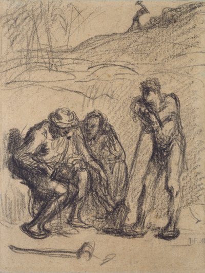 Tres Campesinos descansando, uno apoyado en una Pala de Jean Francois Millet