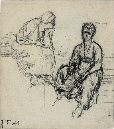 Dos estudios de una campesina sentada (recto); Estudio de una joven con sombrero (verso) de Jean Francois Millet