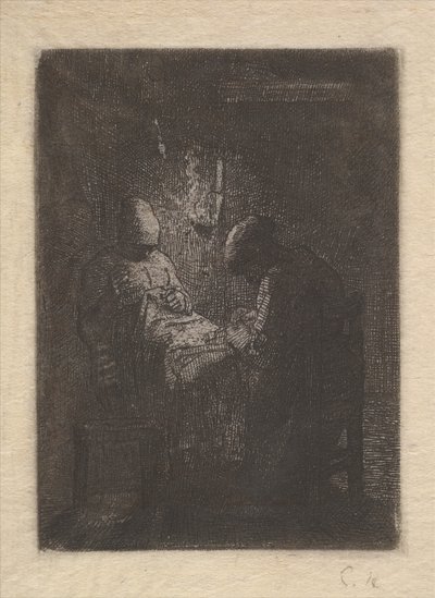 Dos mujeres cosiendo a la luz de una lámpara, ca. 1853 de Jean Francois Millet