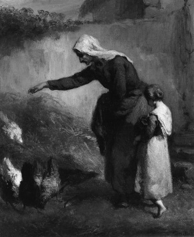 Mujer alimentando gallinas de Jean Francois Millet