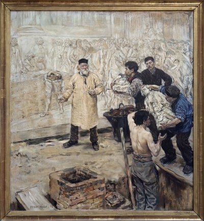 En el patinador. Óleo sobre lienzo de Jean Francois Raffaelli (1850-1924), el fundidor Eugene Gonon (1814-1892) prepara el molde a la cera perdida del gran relieve realizado por Jules Dalou (1838-1902) para el Palacio Borbón de París (Cámara de Diputados), de Jean Francois Raffaelli