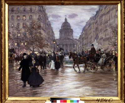 ""Boulevard Saint Michel"" Vista de la Rue Soufflot y el Panteón desde los Jardines de Luxemburgo y el Boulevard Saint-Michel de París, taxis y parejas elegantes animan la calle al caer la noche. Pintura de Jean Francois Raffaelli (18 de Jean Francois Raffaelli