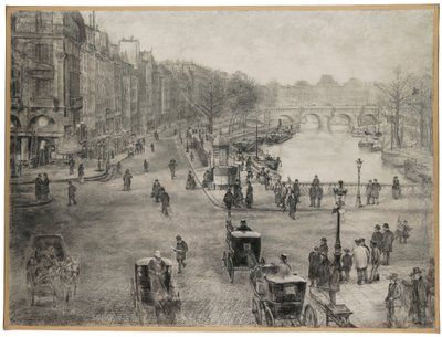 París, La plaza de Saint Michel con el muelle de los Grandes Augustinos y el puente Saint Michel en primer plano y el puente Neuf y el Louvre en el fondo, c.1900 de Jean Francois Raffaelli