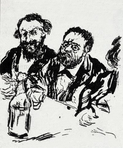 El pintor Edouard Manet (1832-1883) y el escritor Emile Zola (1840-1902) en la mesa. Caricatura de Jean Francois Raffaelli (1850-1924) de Jean Francois Raffaelli
