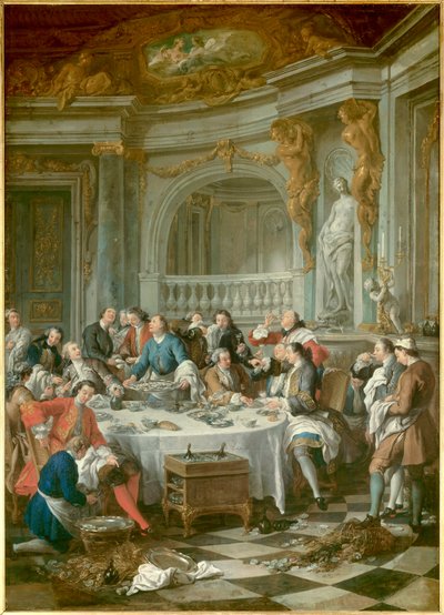 Desayuno de ostras Un grupo de nobles, exclusivamente hombres, disfrutando de un festín gastronómico de ostras y alcohol. Pintura de Jean Francois De Troy (1679-1752) 1735 Dim. 1,80 x 1,26 m Chantilly, museo Conde de Jean François de Troy