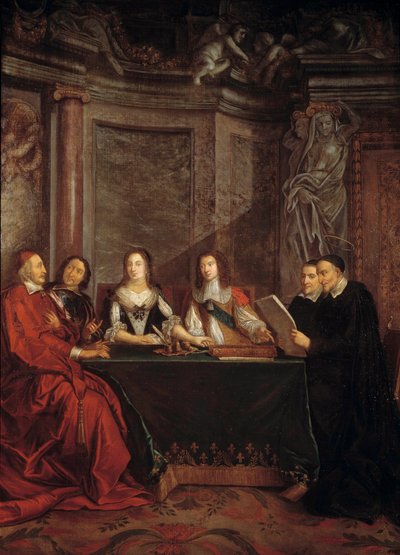 El consejo de conciencia: San Vicente de Paúl, jefe del consejo de conciencia leyendo ante el Cardenal Jules Mazarin, Pierre Seguier, la Reina Ana de Austria y Luis XIV de Jean François de Troy