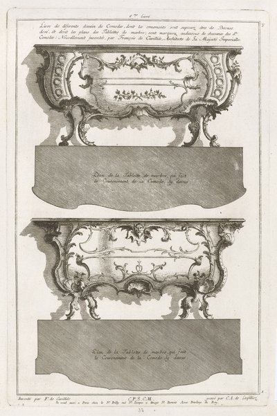 Dos diferentes diseños de cómodas de Jean François Cuvilliés