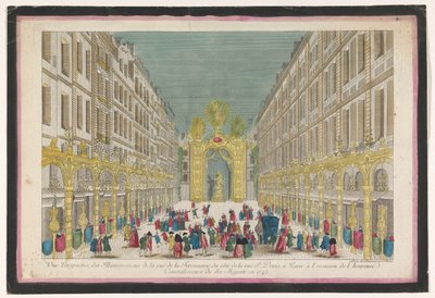 Vista de la decoración de la Rue de la Feronnerie de París con motivo de la restauración de Luis XV, rey de Francia, en 1745 Vue perspectiva des iluminaciones de la Ruë de la Feronnerie du côté de la Ruë St. Denis a Paris (...) (título en o de Jean François Daumont