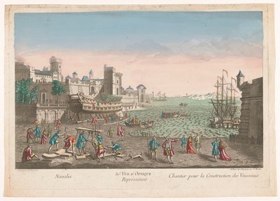Ver la respuesta a una pregunta
30e. Vista óptica que representa un astillero para la construcción de barcos (título en el objeto) de Jean François Daumont