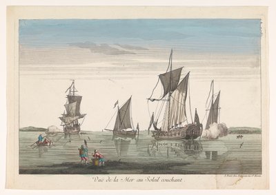 Seascape con barcos y barcos al atardecer. Vue de la mer au soleil couchant (título sobre objeto) de Jean François Daumont