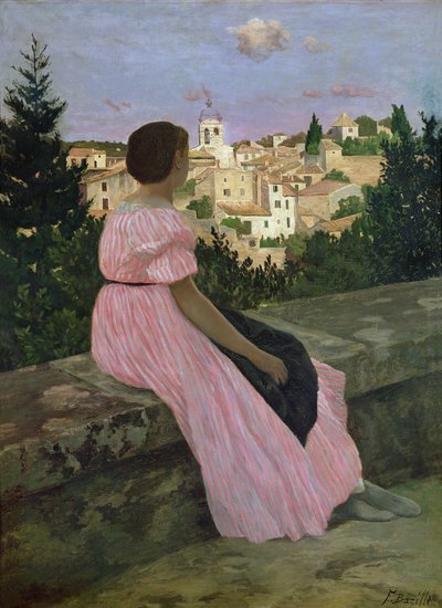 El vestido rosa, o vista de Castelnau-le-Lez, Hérault, 1864 de Jean Frederic Bazille