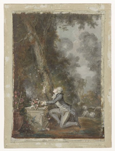 Joven arrodillado ante un altar del amor en un jardín de Jean Frederic Schall