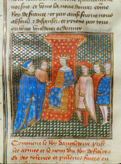 El rey inglés Eduardo III en su trono, vestido con una túnica con emblemas ingleses y franceses, escucha un discurso deRoberto de Artois ... de Jean Froissart