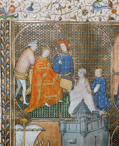 El historiador Froissart, de rodillas y vestido de clérigo, presenta sus Crónicas de la Guerra de los Cien Años a Eduardo III ... de Jean Froissart