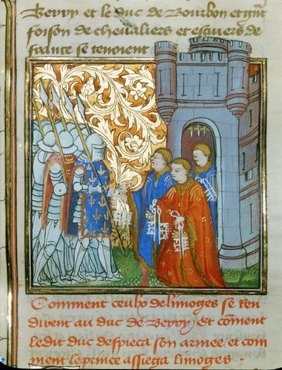 Tres magistrados de Limoges, vestidos de gala, entregan las llaves de la ciudad al duque de Berry ... de Jean Froissart