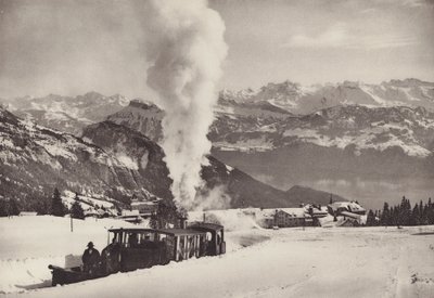 Rigi Kaltbad, tren de deportes de invierno del Vitznau Rigi Bahn (foto en blanco y negro) de Jean Gaberell