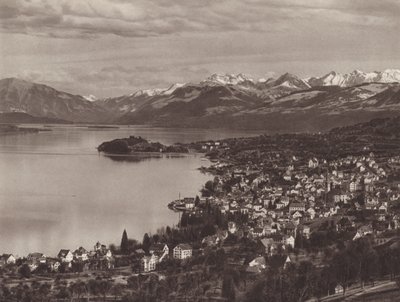 Suiza: El lago de Zúrich, Horgen, el Au y los Alpes (foto b/n) de Jean Gaberell