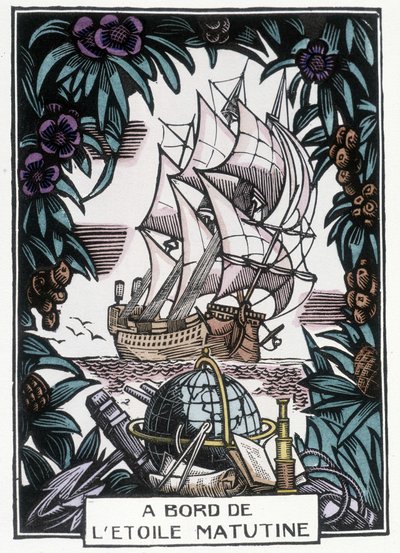 Barco en el mar: Ilustración de principios del siglo XX de Jean-Gabriel (Jean Gabriel) Daragnes (1886-1950) para el libro "A bord de l