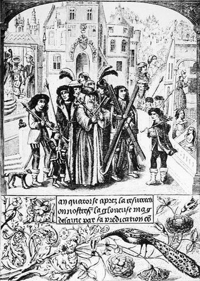 Origen legendario de la Cruz de Borgoña, Etienne, un legendario Rey de Borgoña, hace una peregrinación a San Víctor de Marsella, a quien ha llevado la Cruz de San Andrés, en agradecimiento a Santa María de Jean Georges after Huyot