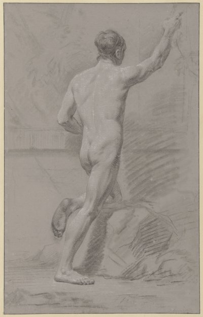 Hombre desnudo de pie, rodilla izquierda sobre una roca, brazo derecho levantado de Jean Grandjean
