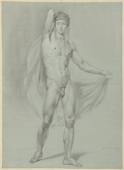 Hombre desnudo de pie, sujetando un paño a la espalda, visto de frente de Jean Grandjean