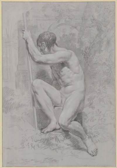 Desnudo masculino sentado, sosteniendo un bastón, girado hacia la izquierda de Jean Grandjean