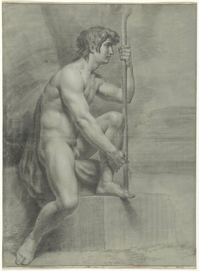 Desnudo masculino sentado con bastón y pierna izquierda levantada de Jean Grandjean