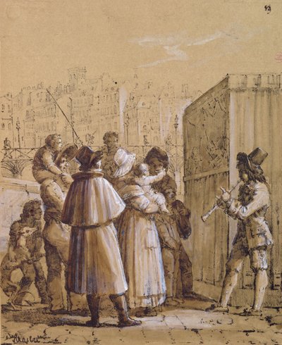 Espectadores viendo un espectáculo de Pulcinella cerca del Pont des Arts en París de Jean Henri Marlet