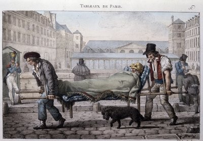 Antiguo oficio de las calles de París: el pobre paciente llevado al hospital por los camilleros. Grabado por Jean Henry Marlet (1771-1847) en “Les Tableaux de Paris”, serie de 72 impresiones, finales del siglo XIX de Jean Henri Marlet