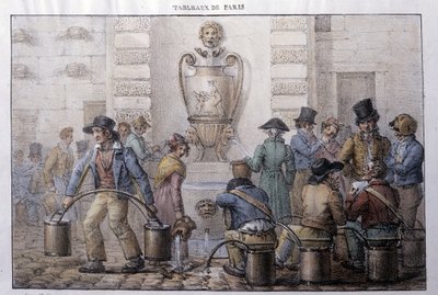Antigua calle metier en París: aguador frente a una fuente. Grabado por Jean Henry Marlet (1771-1847) en "Los Cuadros de París", serie de 72 impresiones, finales del siglo XIX de Jean Henri Marlet