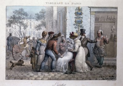 Vieja escena callejera en París: el accidente (mujer apoyada por transeúntes). Grabado por Jean Henry Marlet (1771-1847) en 