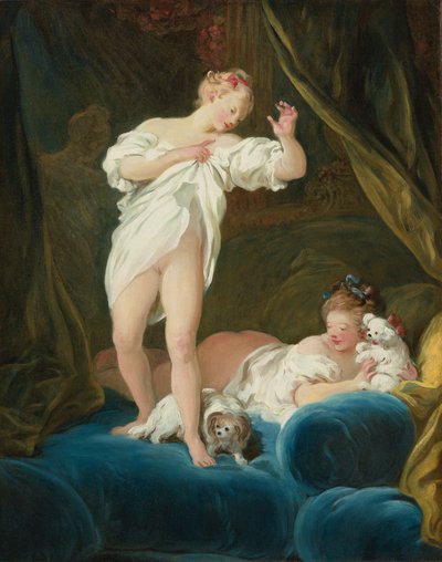 Dos niñas en una cama jugando con sus perros de Jean Honore Fragonard