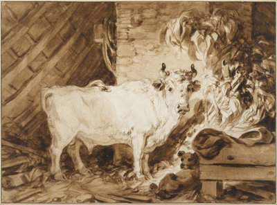 Toro blanco y un perro en un establo de Jean Honore Fragonard