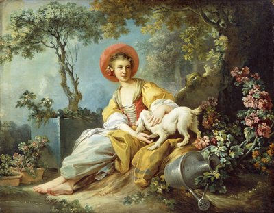 Una joven sentada con un perro y una regadera en un jardín de Jean Honore Fragonard
