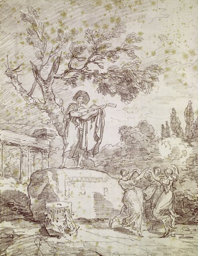 Un Guitarrista Italiano Tocando para Tres Chicas Bailarinas de Jean Honore Fragonard