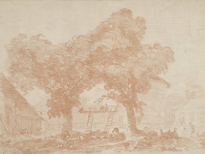 Corral con dos árboles, entre los que hay escaleras de Jean Honore Fragonard