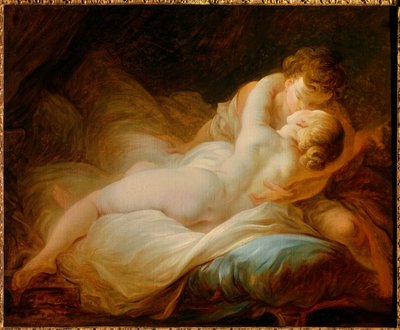 Erotica: el momento del deseo o amantes felices. Una pareja besándose en una cama de Jean Honore Fragonard