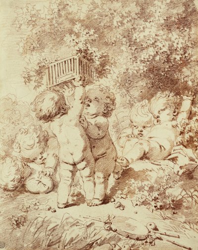 Seis putti jugando, dos sosteniendo una jaula de Jean Honore Fragonard