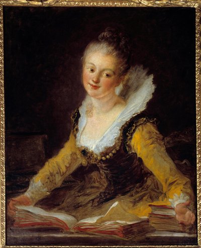 Estudio. Una mujer en su oficina hojeando libros para aprender de Jean Honore Fragonard
